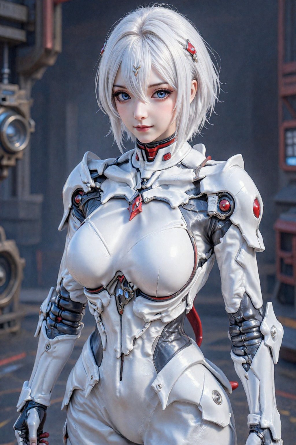 This is a highly detailed digital CGI artwork anime-style. a futuristic,  armored woman with pale skin and short,  white h...