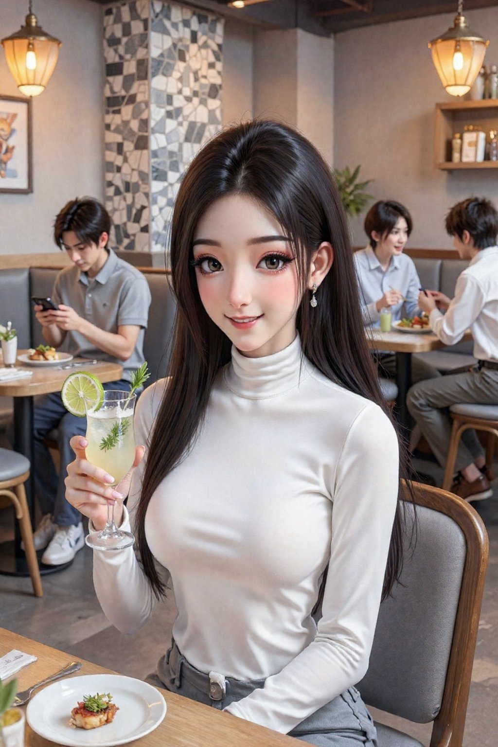 This is a highly detailed digital CGI artwork anime-style. This photograph captures a vibrant,  modern restaurant setting...