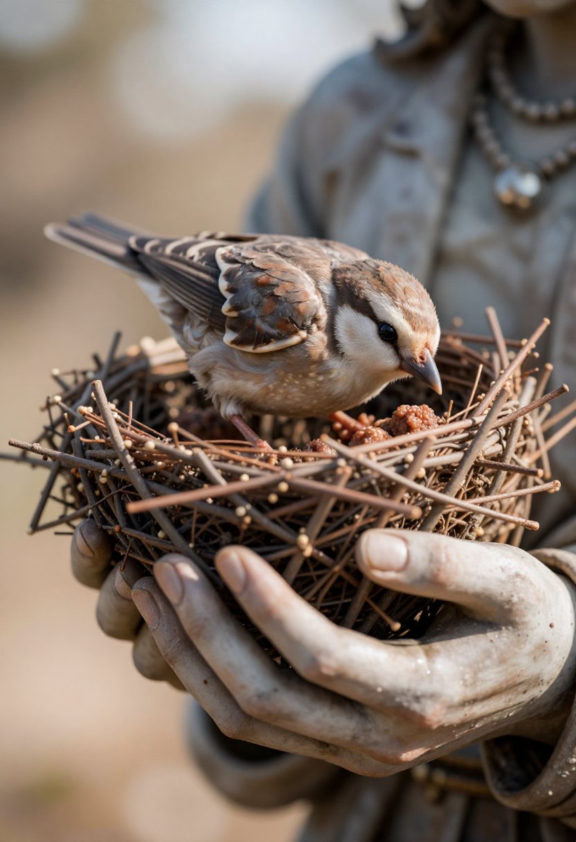 Close-up of a bird that has built its nest in the hand of a statue. 200mm lens,  f/4 aperture,  ISO 400 by riiwa on Tensor...