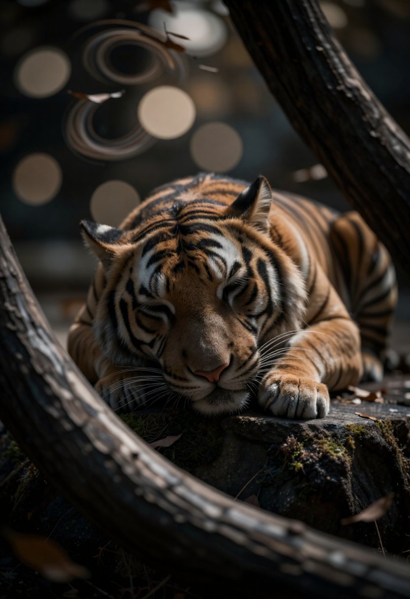 In a moody close-up shot through the shallow depth of field lens,  a tree branch lies in soft focus at the foreground,  it...