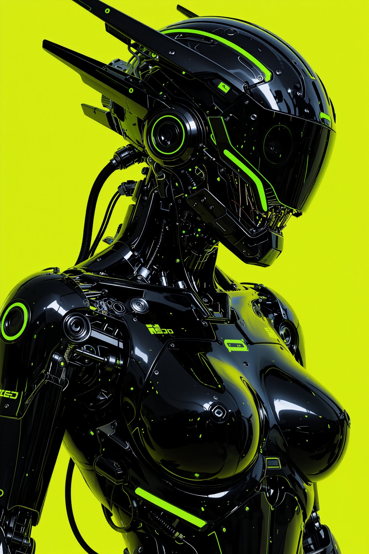 this is a highly detailed digital artwork depicting a futuristic female android with a sleek,  black,  glossy exoskeleton...