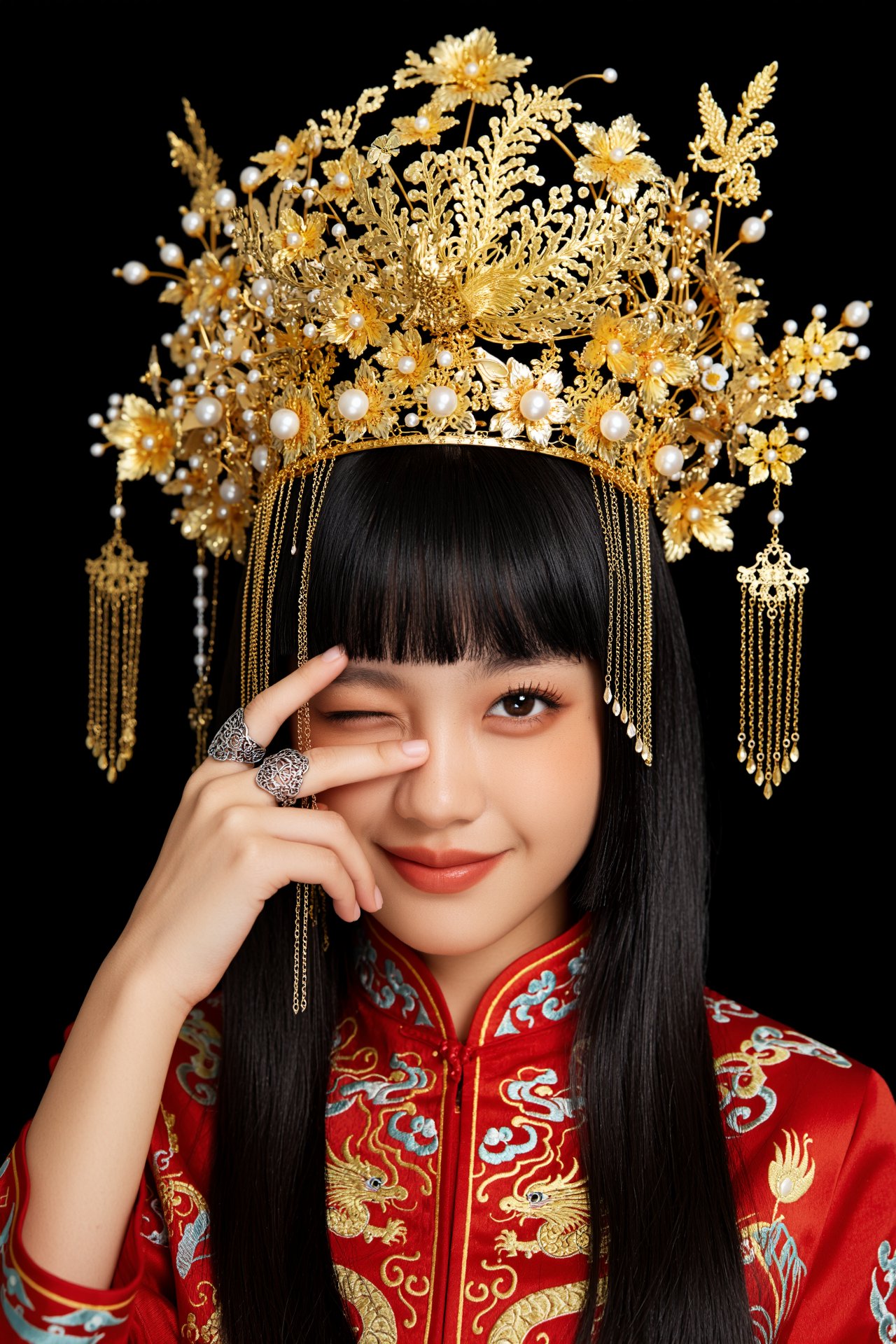 主体：灵动俏皮的东亚年轻少女,  乌黑齐刘海长直发,  一只眼睛轻闭 by RAY3780 on Tensor.Art