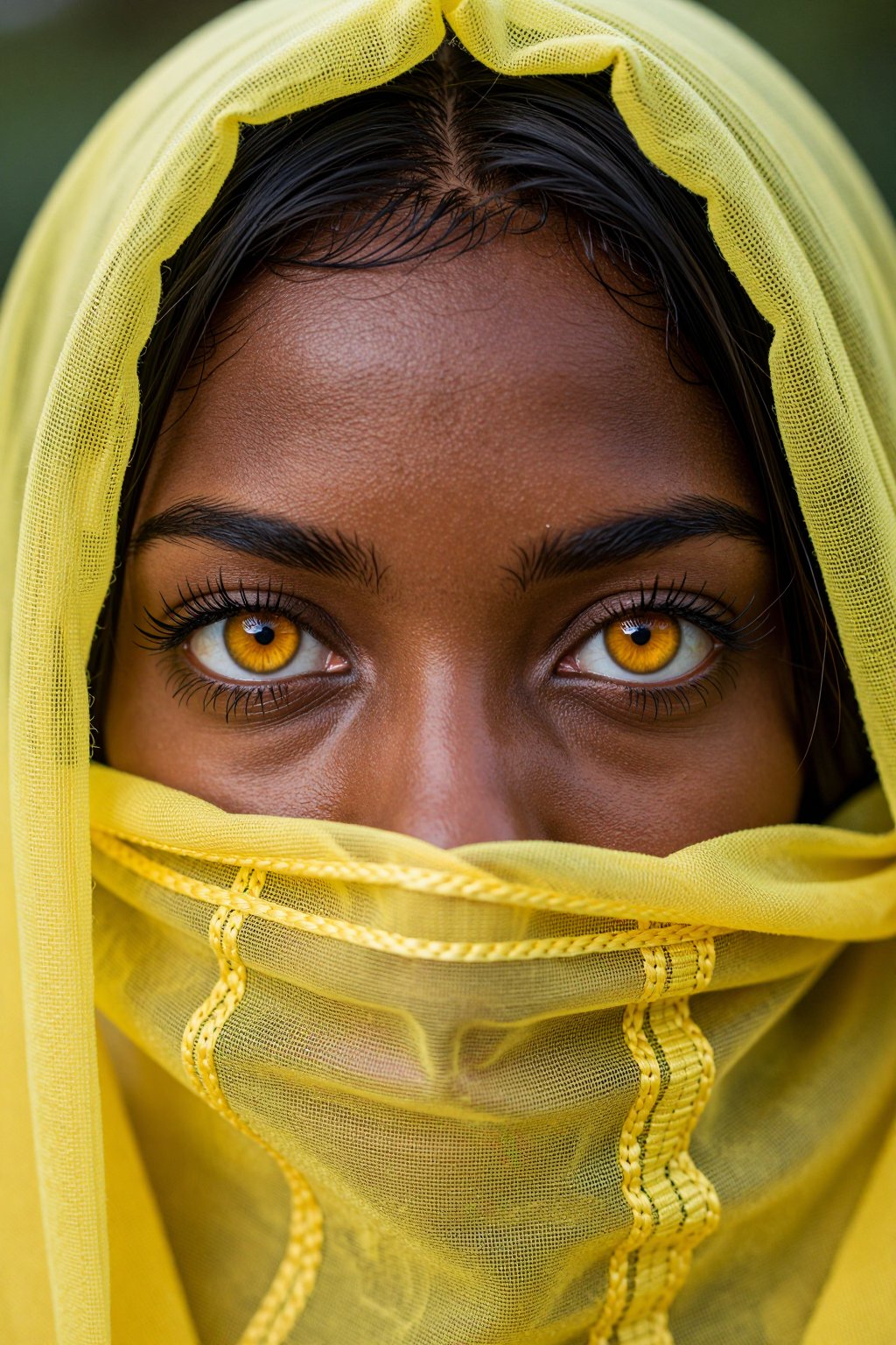 extreme close-up portrait of a woman with deep dark brown skin and striking large golden-amber eyes featuring intricate ir...