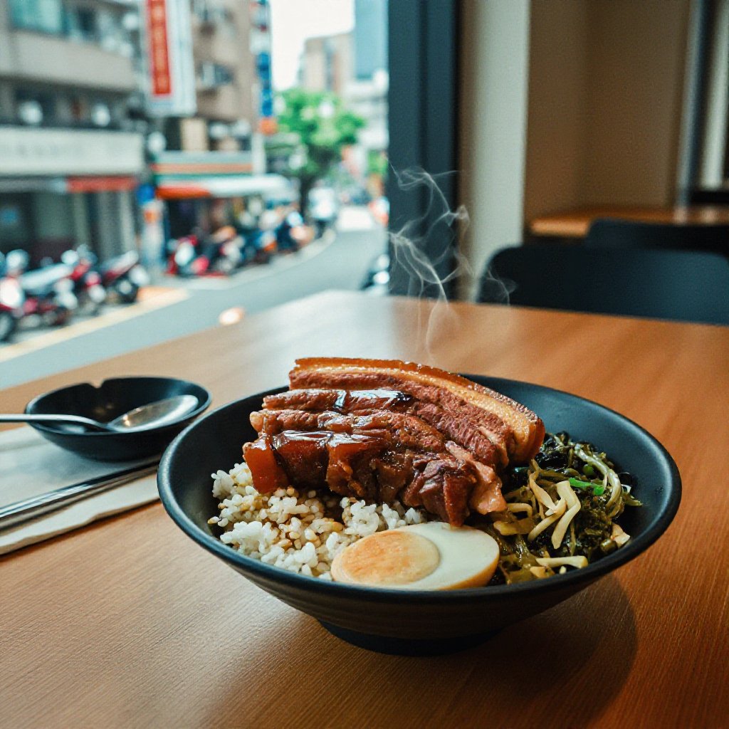 超寫實美食攝影,  台灣都市公寓靠窗餐桌環境,  窗外可見典型台灣街景 by CuteQ2025 on Tensor.Art
