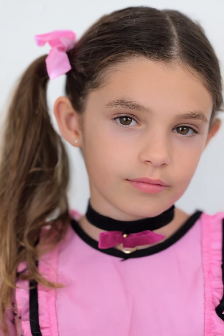 Close-up portrait of a young girl PilettaDiva. She is wearing a pink maid uniform and a choker,  her hair is in a ponytail...