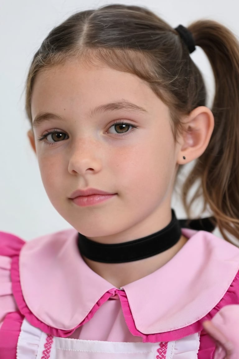 Close-up portrait of a young girl PilettaDiva. She is wearing a pink maid uniform and a choker,  her hair is in a ponytail...