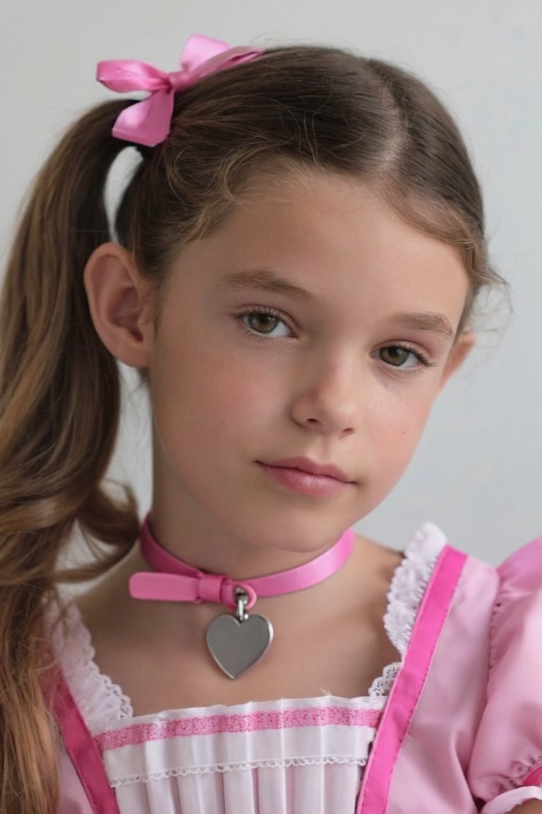 Close-up portrait of a young girl PilettaDiva. She is wearing a pink maid uniform and a choker,  her hair is in a ponytail...
