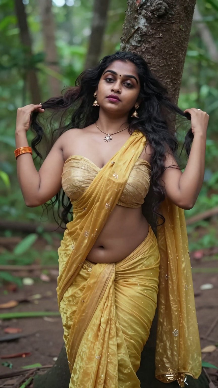 Cinematic photograph of a tall young South Asian woman with realistic warm skin tone and very very long thigh-length wavy...