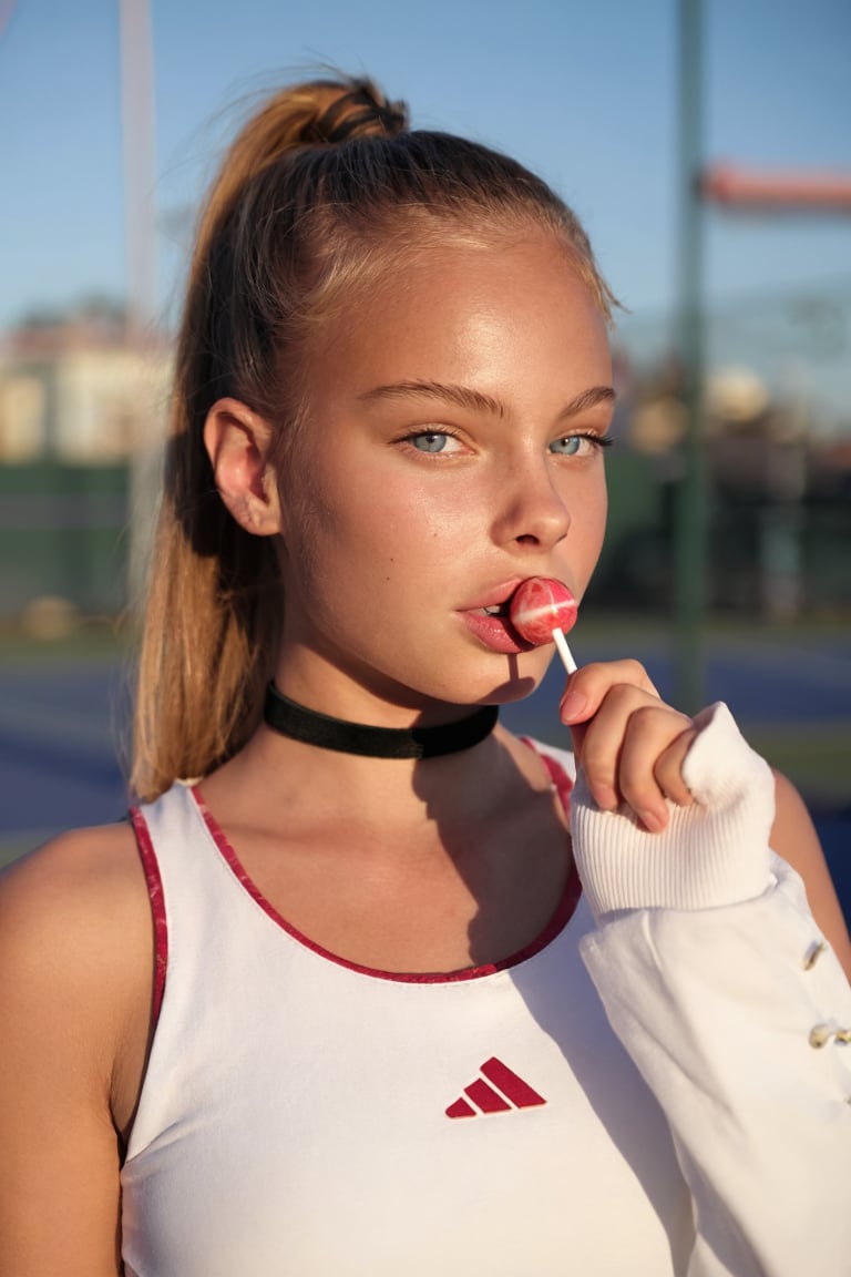 Portrait of Snoomer_de_Summ. She is wearing a tennis uniform and a choker,  her hair is in a ponytail,  and she is holding...
