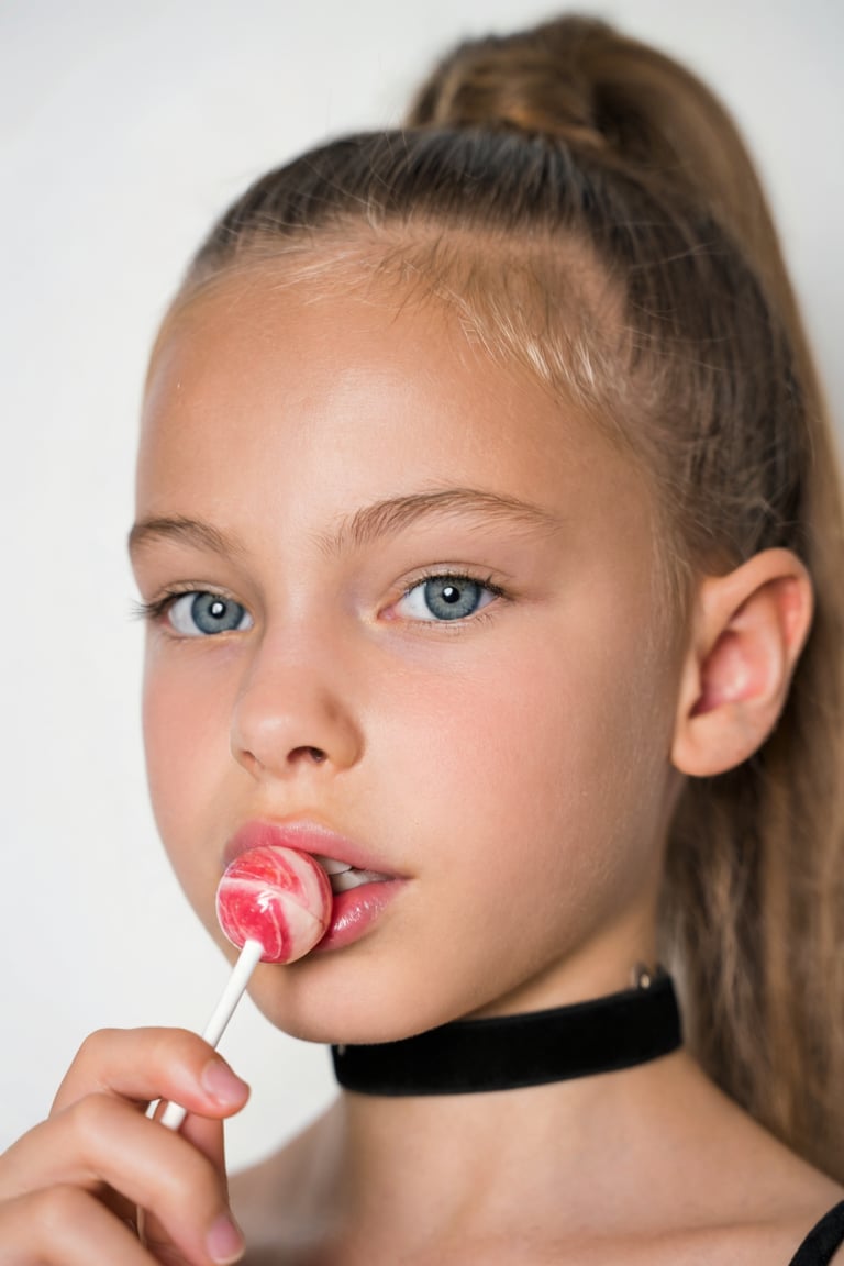 Close-up portrait of a young girl,  Snoomer_de_Summ. She is wearing a black choker,  her hair is in a ponytail by turnbo o...