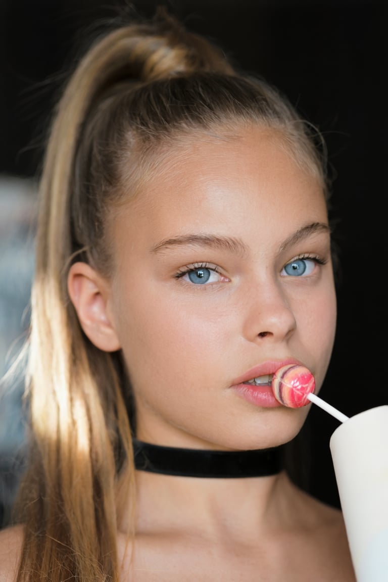 Close-up portrait of Snoomer_de_Summ. She is wearing a black choker,  her hair is in a ponytail,  and she is holding a pin...