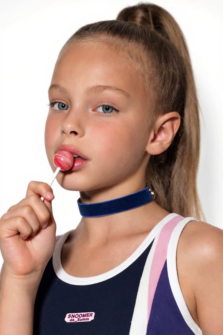 Portrait of a young girl,  Snoomer_de_Summ. She is wearing a tennis uniform and a choker,  her hair is in a ponytail by tu...