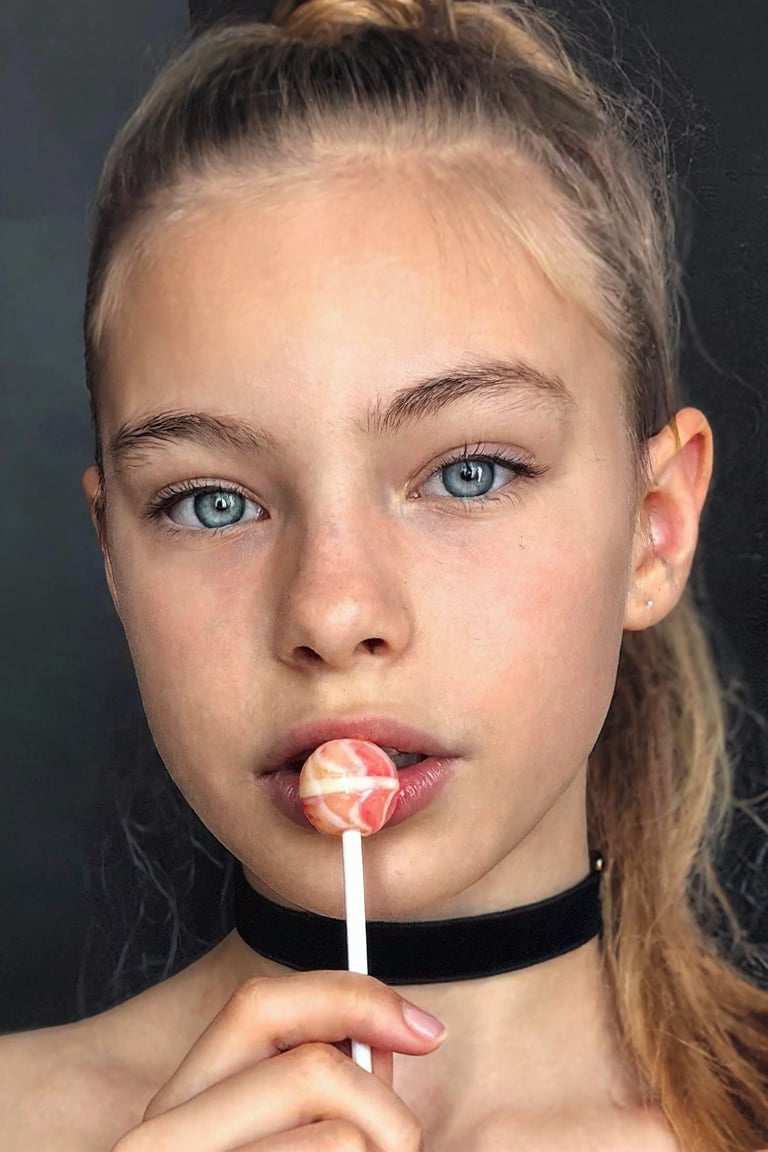 Close-up portrait of Snoomer_de_Summ. She is wearing a black choker,  her hair is in a ponytail,  and she is holding a pin...