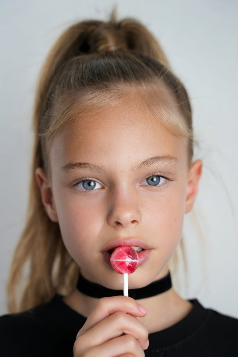 Close-up portrait of a young girl,  Snoomer_de_Summ. She is wearing a black choker,  her hair is in a ponytail by turnbo o...