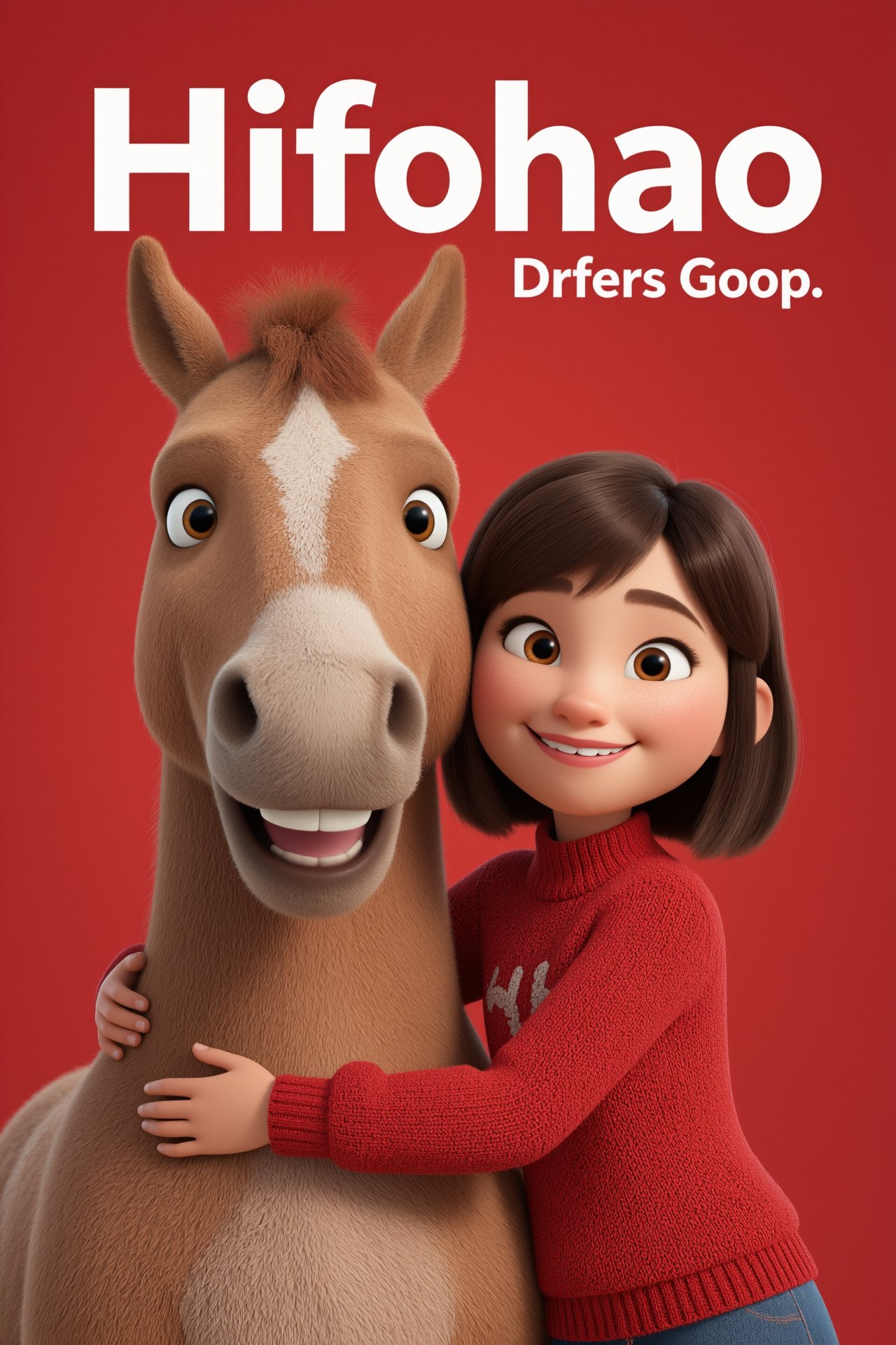a 3d rendering of a cute girl with shoulder-length bob cut hairstyle,  smiling and wearing a red sweater,  hugging a large...