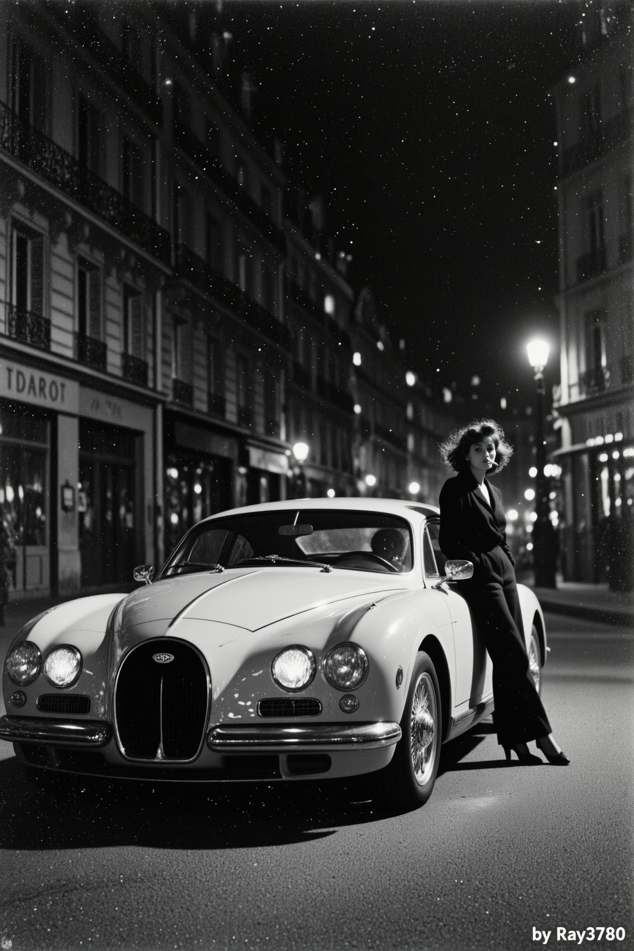 black and white cinematic photograph,  paris street at night,  bugatti tourbillon parked subtly by RAY3780 on Tensor.Art