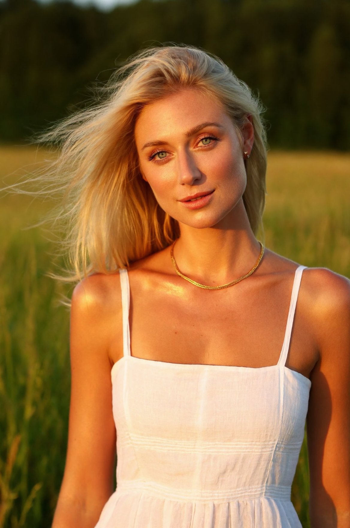 SUBJECT: wo3l1ck,  blonde woman,  sun-kissed skin CLOTHING: white linen dress ACCESSORIES: simple gold necklace POSE: hair...