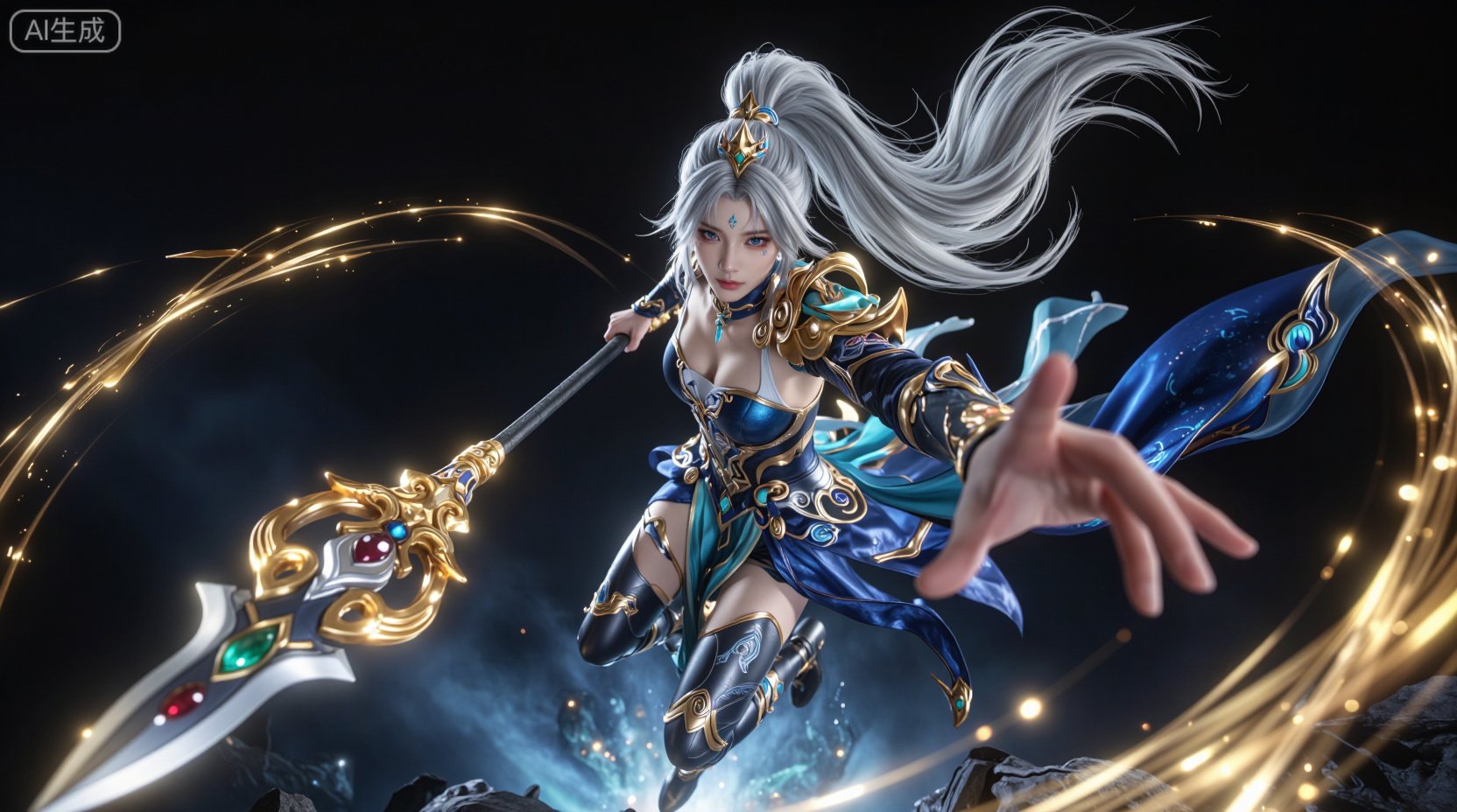 一位充满神性与战斗气场的**东方幻想女战士（eastern fantasy spear warrior,  celestial guardian）**,  年轻女性角色 by Sayid on Tensor.Art