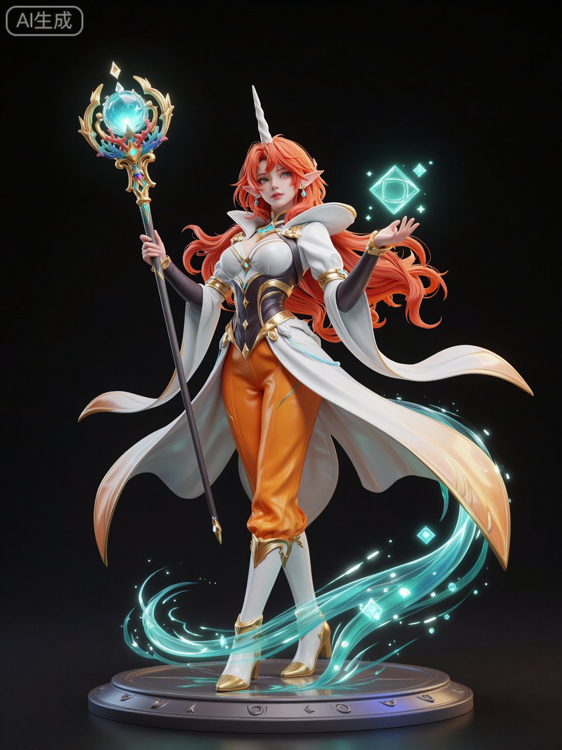 A high-quality 3D digital render of an enchanting unicorn-human hybrid character in a dynamic,  stylized pose. The charact...
