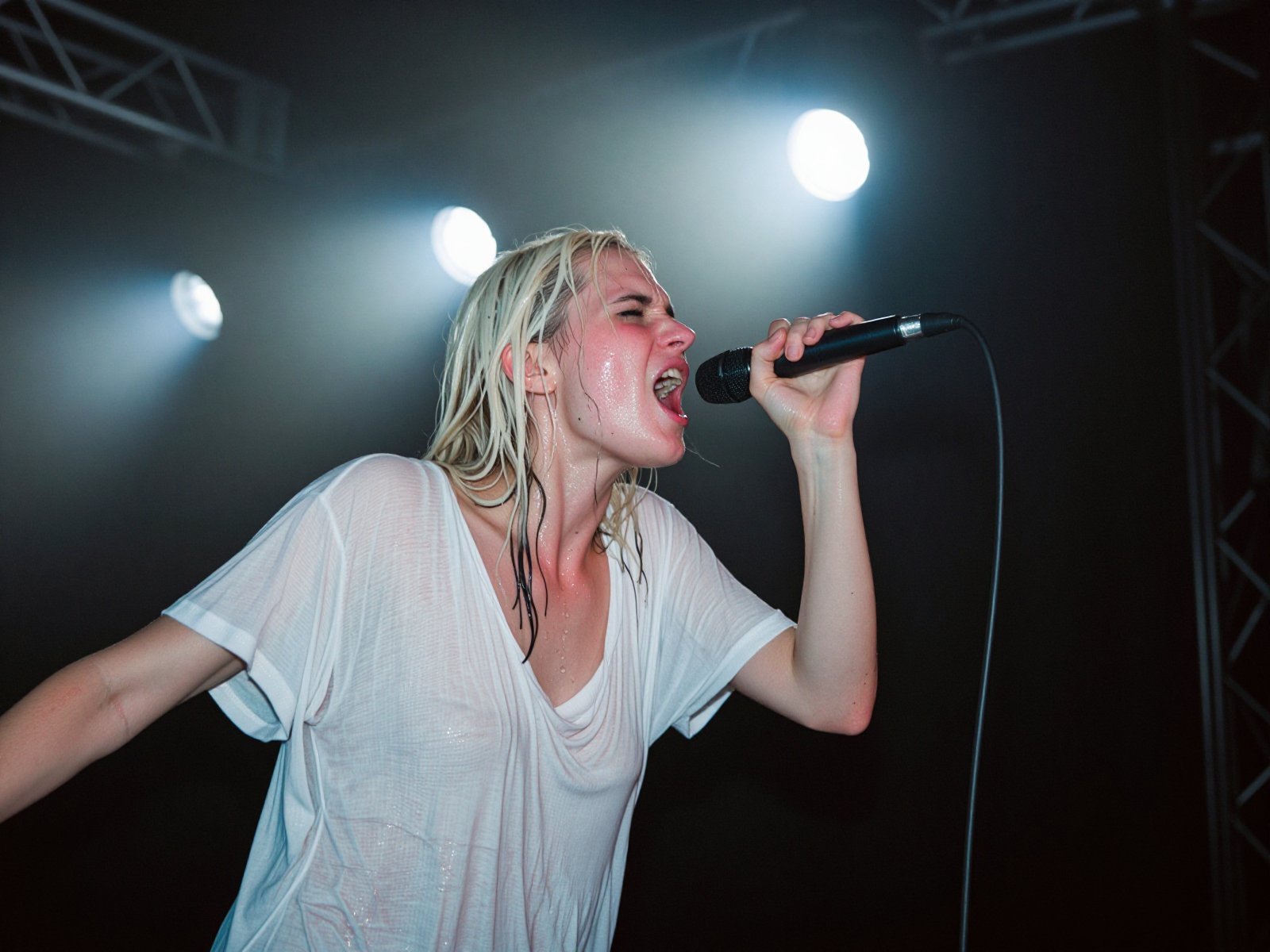 An authentic amateur analogue concert photo of a young woman about twenty-three,  captured as if by a fan in the front row...