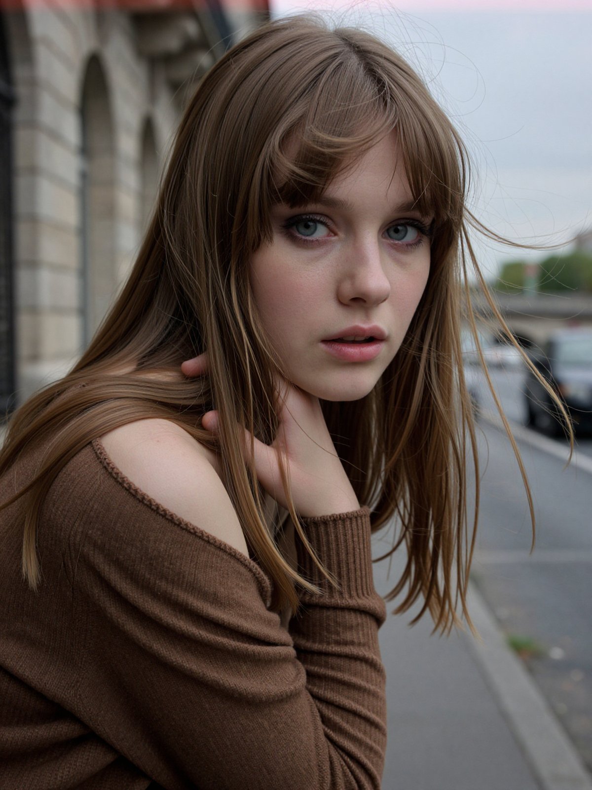 An authentic amateur analogue street portrait of a young woman in her early twenties,  captured outdoors as if by a friend...