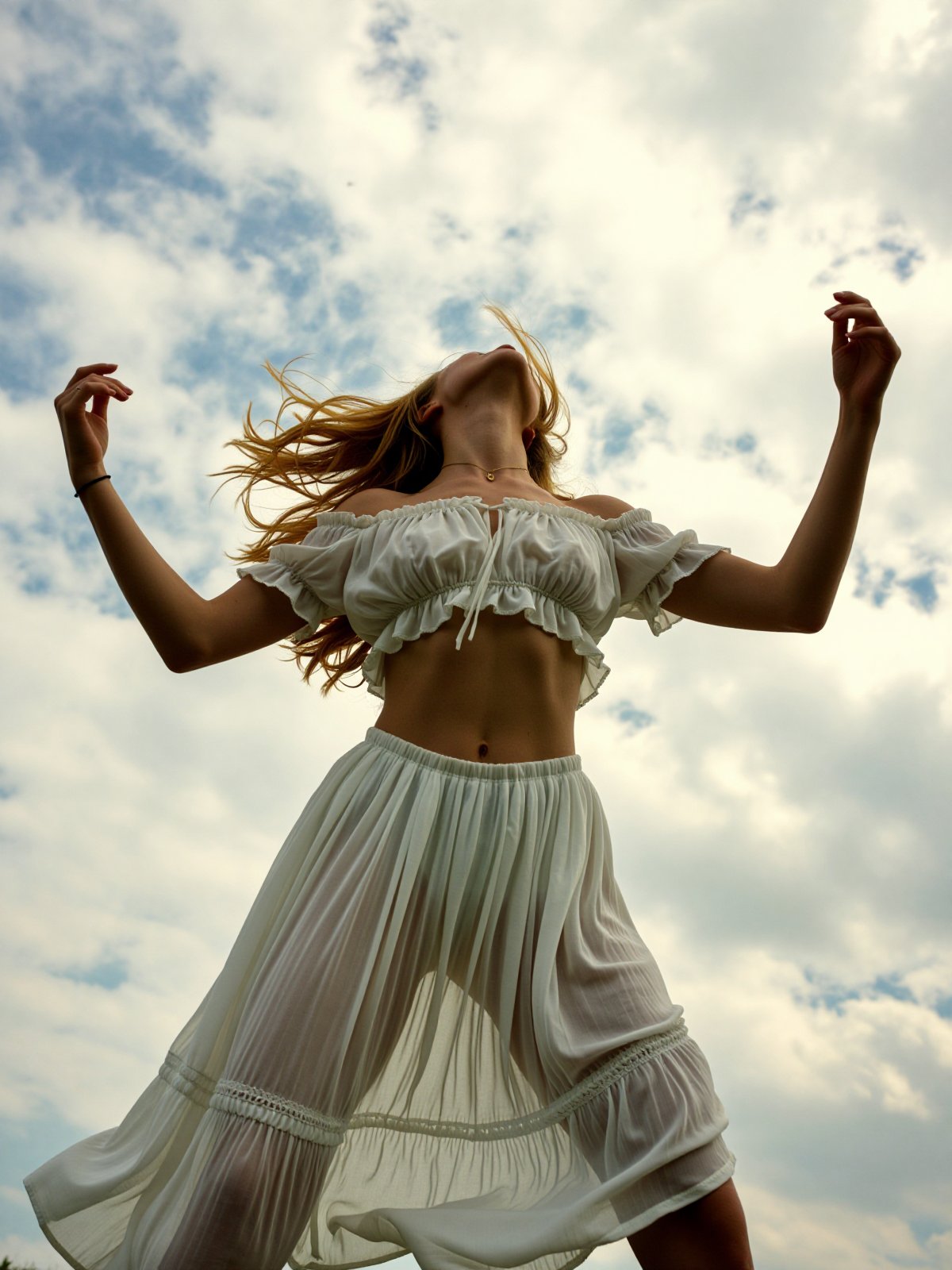 An authentic amateur analogue low-angle photograph of a young woman in her early twenties captured mid-dance outdoors agai...