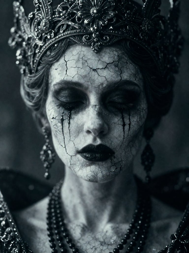 cinematic extreme close-up portrait photograph of a dark queen figure with face filling the entire frame,  skin entirely c...