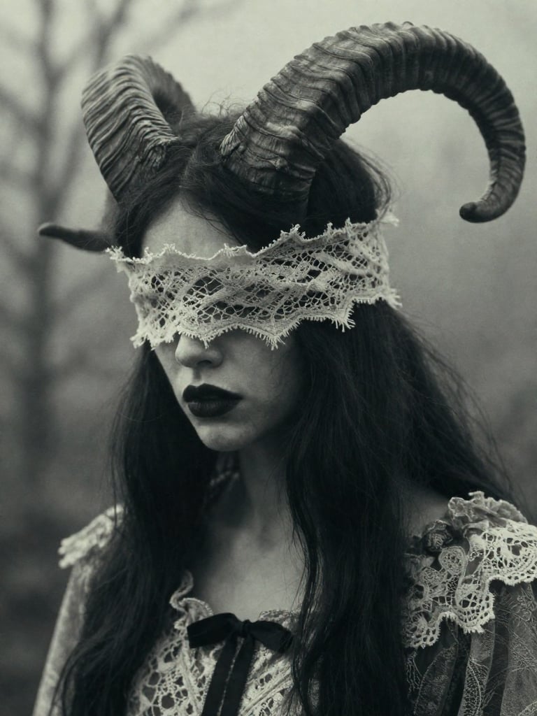 cinematic dark ritual photograph,  intrusive off-center close-up of a horned young woman,  her blindfolded face pushed int...