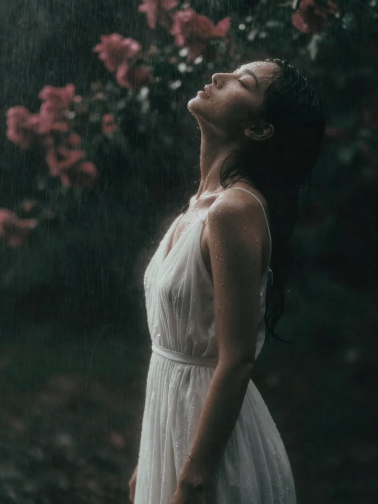 A woman in a white dress with water droplets on her skin and dress,  head tilted back with eyes closed,  embracing the rai...