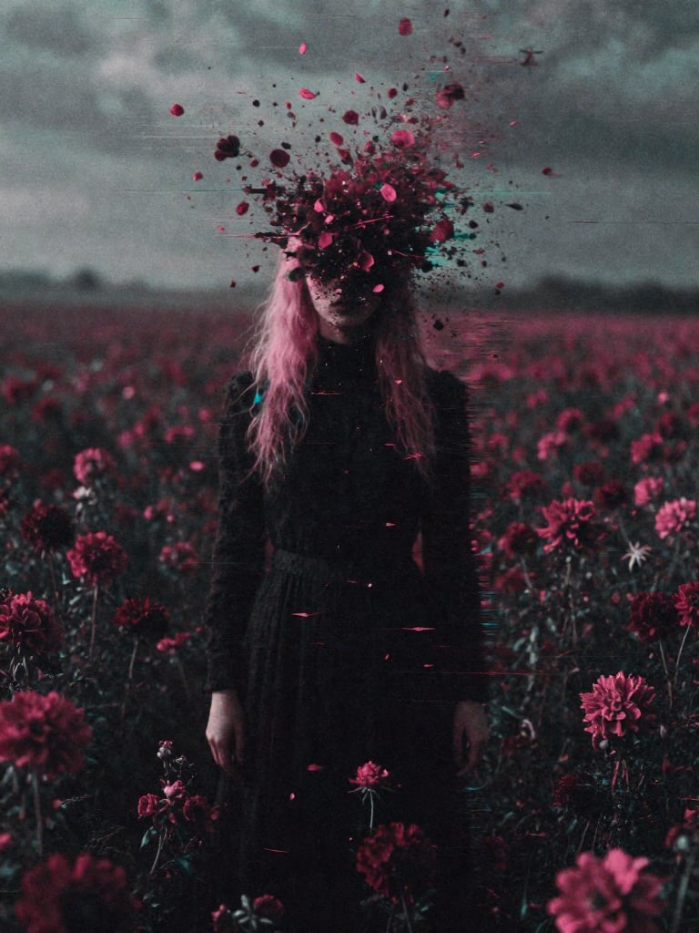 an adult woman with long pale platinum-pink hair standing in the center of a vast dark field of deep magenta and crimson b...