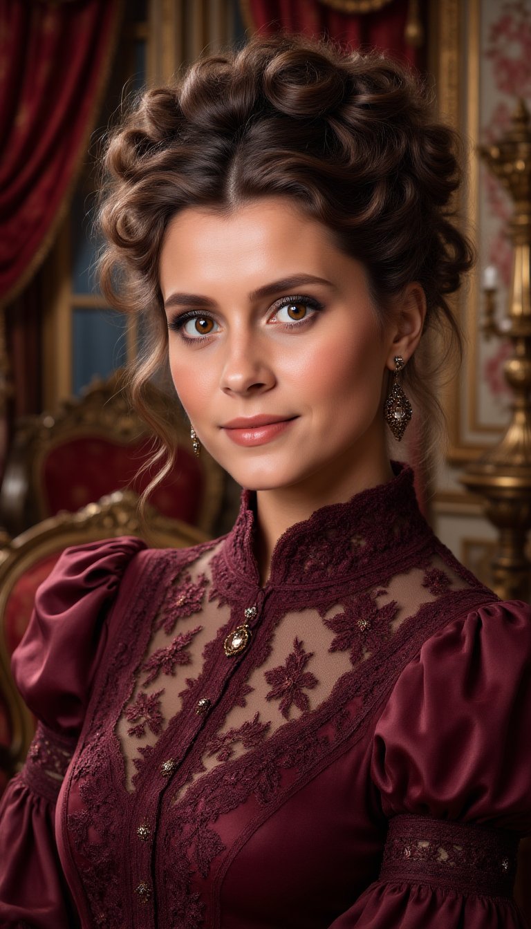 Portrait of a beautiful woman with warm brown eyes and gentle closed-mouth smile,  refined Victorian updo with soft curls,...