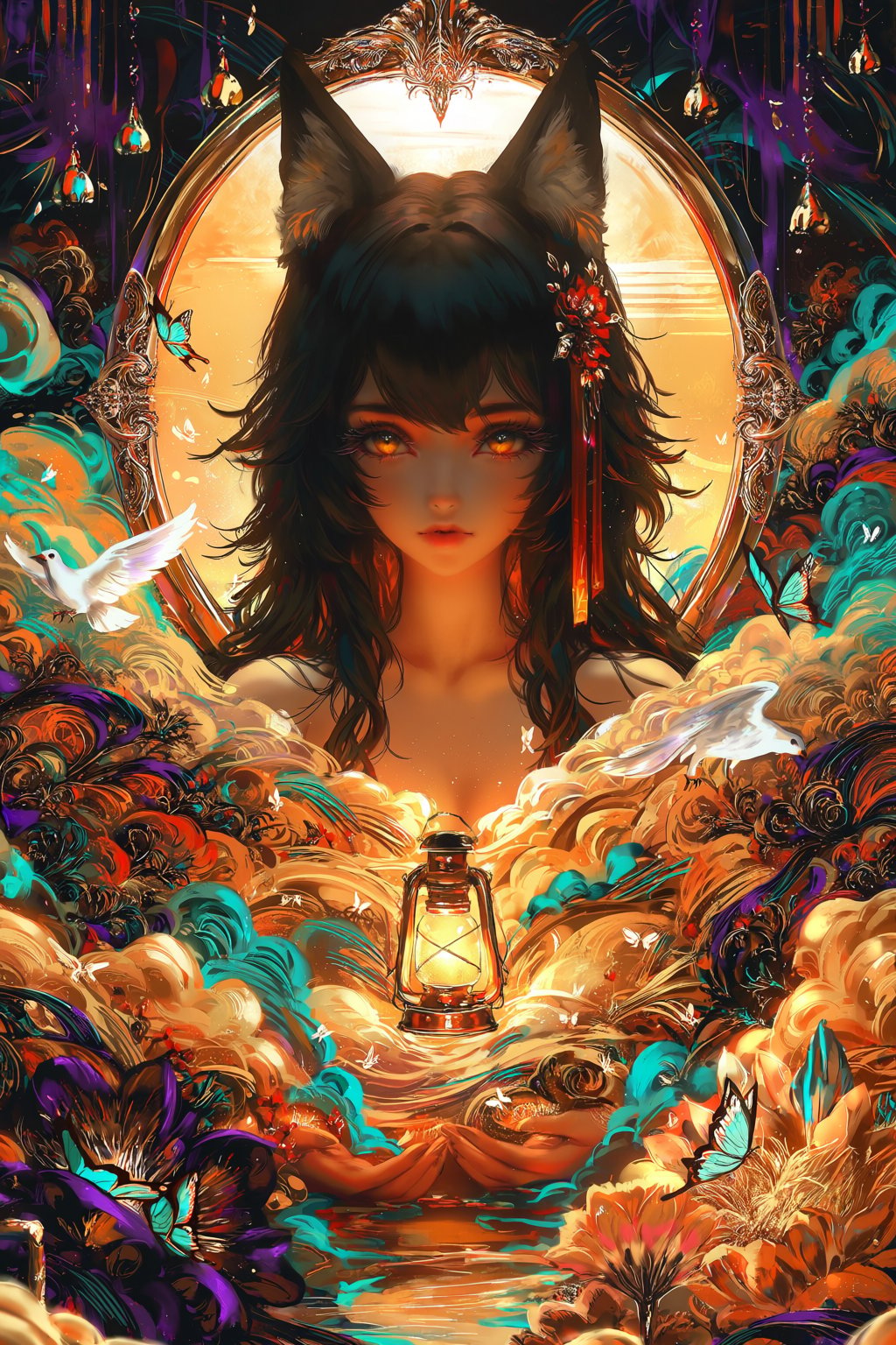A digital painting features an anime-style girl with prominent animal ears,  positioned centrally within a circular,  orna...
