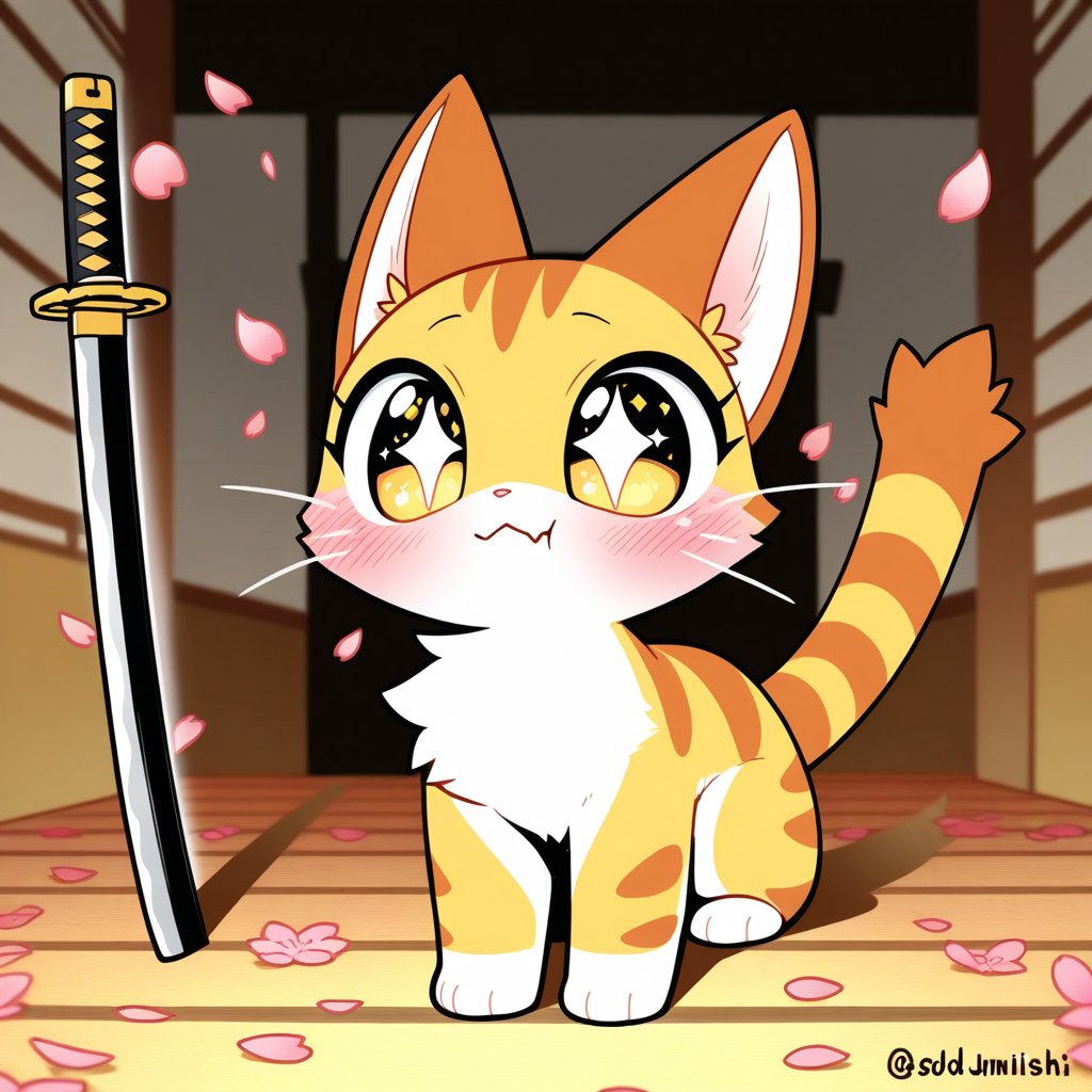 Chibi,  cartoonish,  samurai anthro furry cat girl with a playful “nya!” face—wide sparkling eyes by OGMustard on Tensor.Art