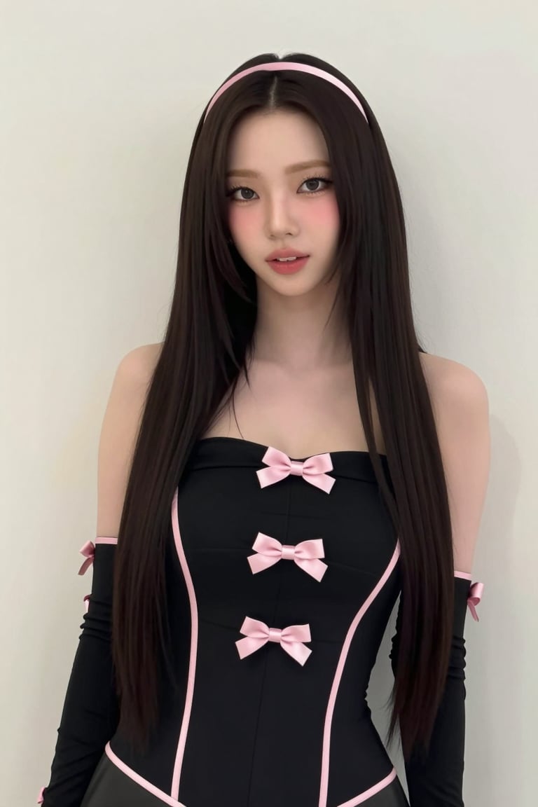 a woman with long,  sleek dark-espresso hair and a center part poses k against a plain,  off-white wall. She is wearing a...