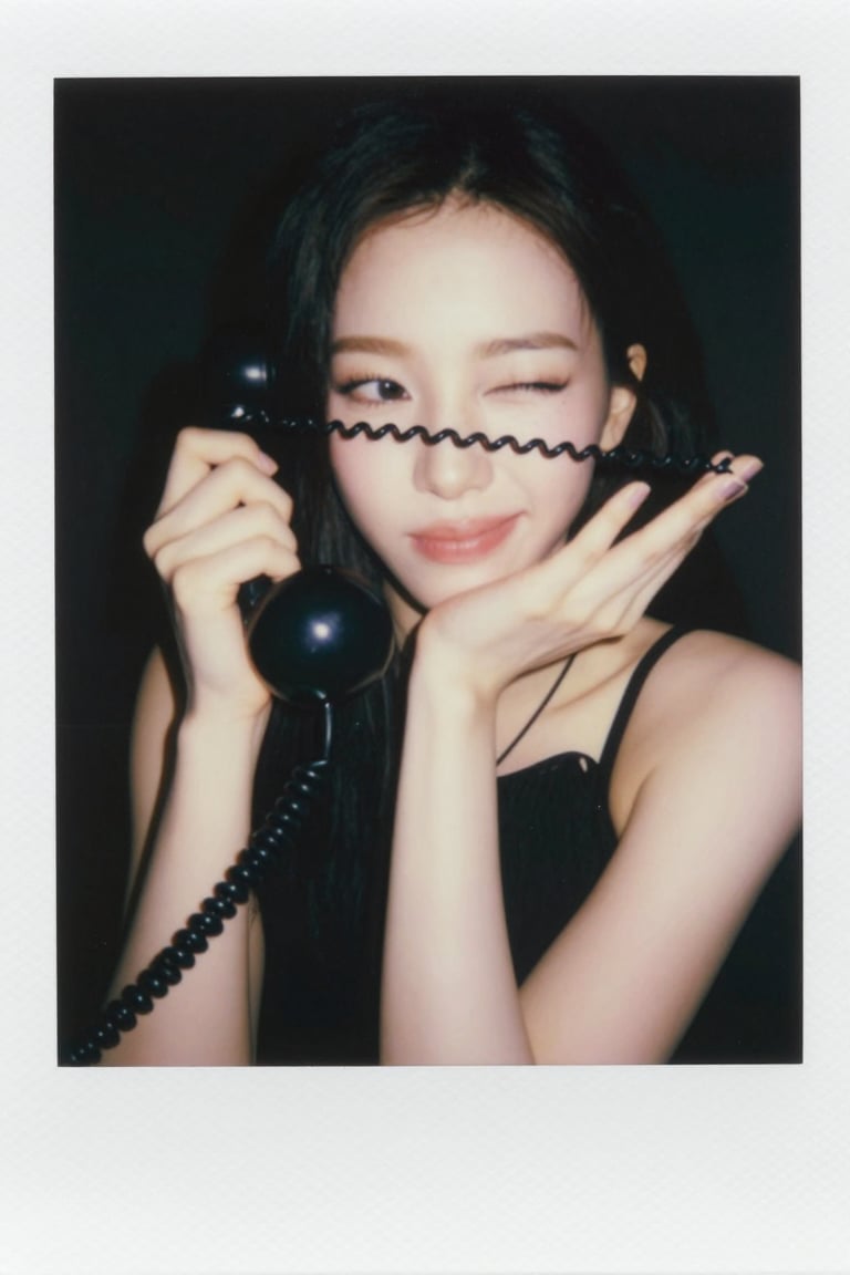 polaroid,  1girl on a vintage rotary phone,  twirling the curly cord around her index finger on Tensor.Art