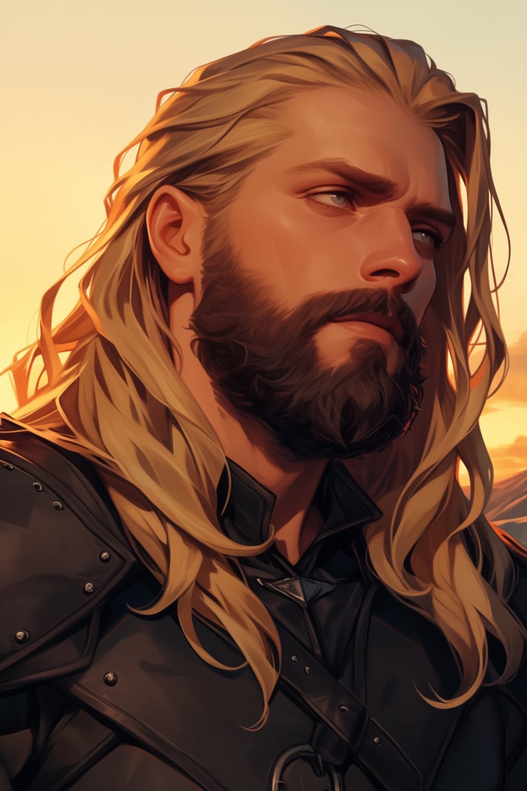 The image depicts a close-up of a man with long,  flowing blonde hair and a full beard. He has a serious expression,  with...