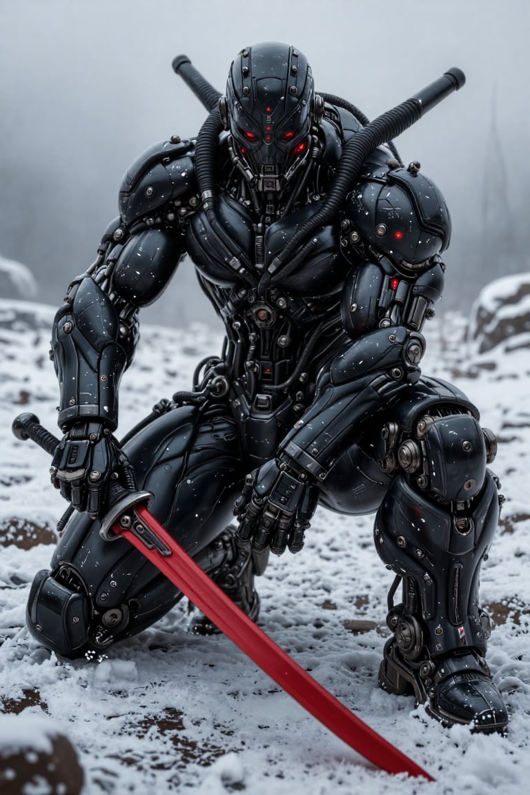 The image depicts a muscular,  humanoid figure crouched in a dynamic pose,  appearing to be in motion. The character is we...