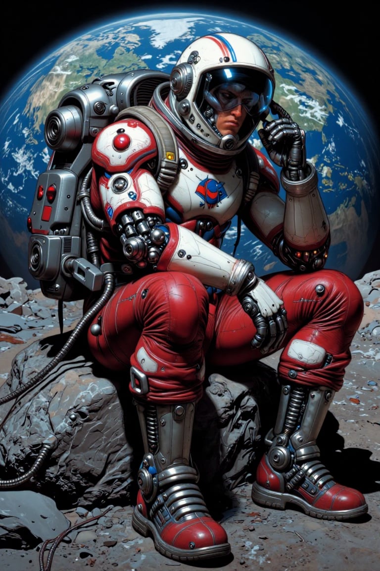 The image depicts a superhero sitting on a rocky surface,  resembling a lunar landscape. The character is wearing a red an...