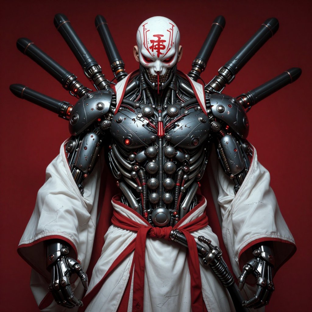 The image depicts a humanoid figure with a muscular,  almost skeletal appearance,  standing against a red background. The...