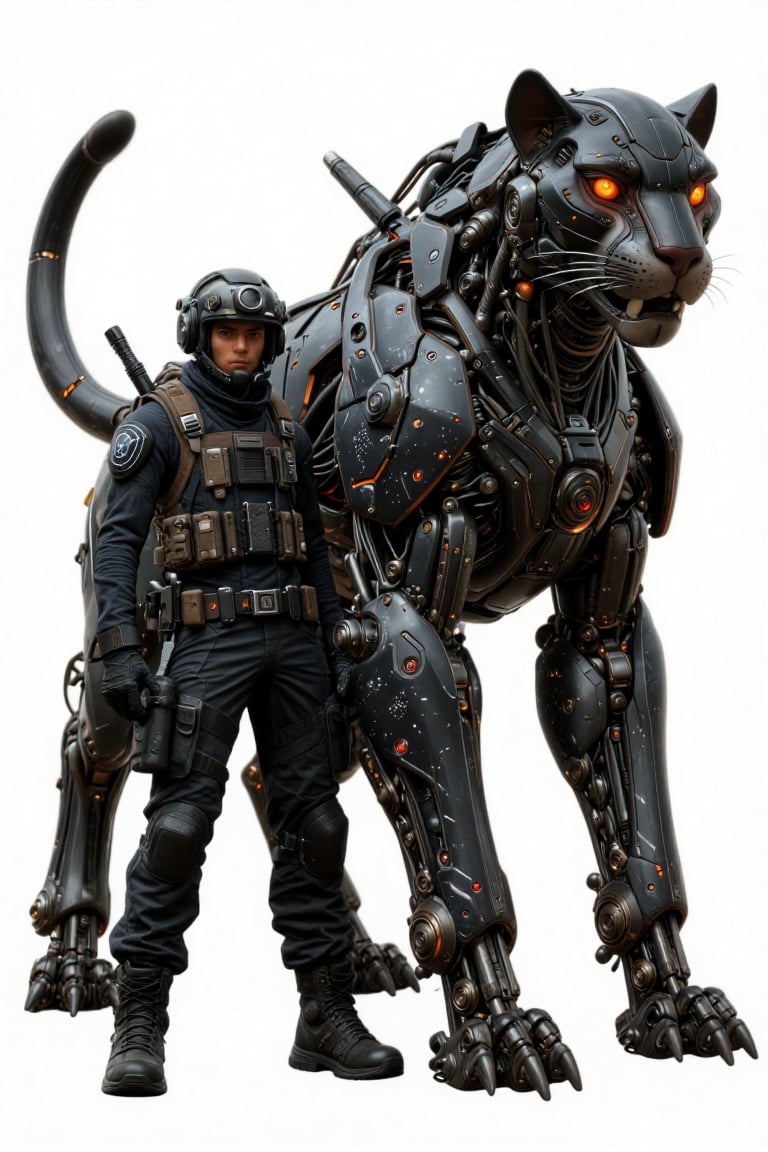 The image depicts a futuristic scene featuring a humanoid character and a large robotic panther. The humanoid character is...