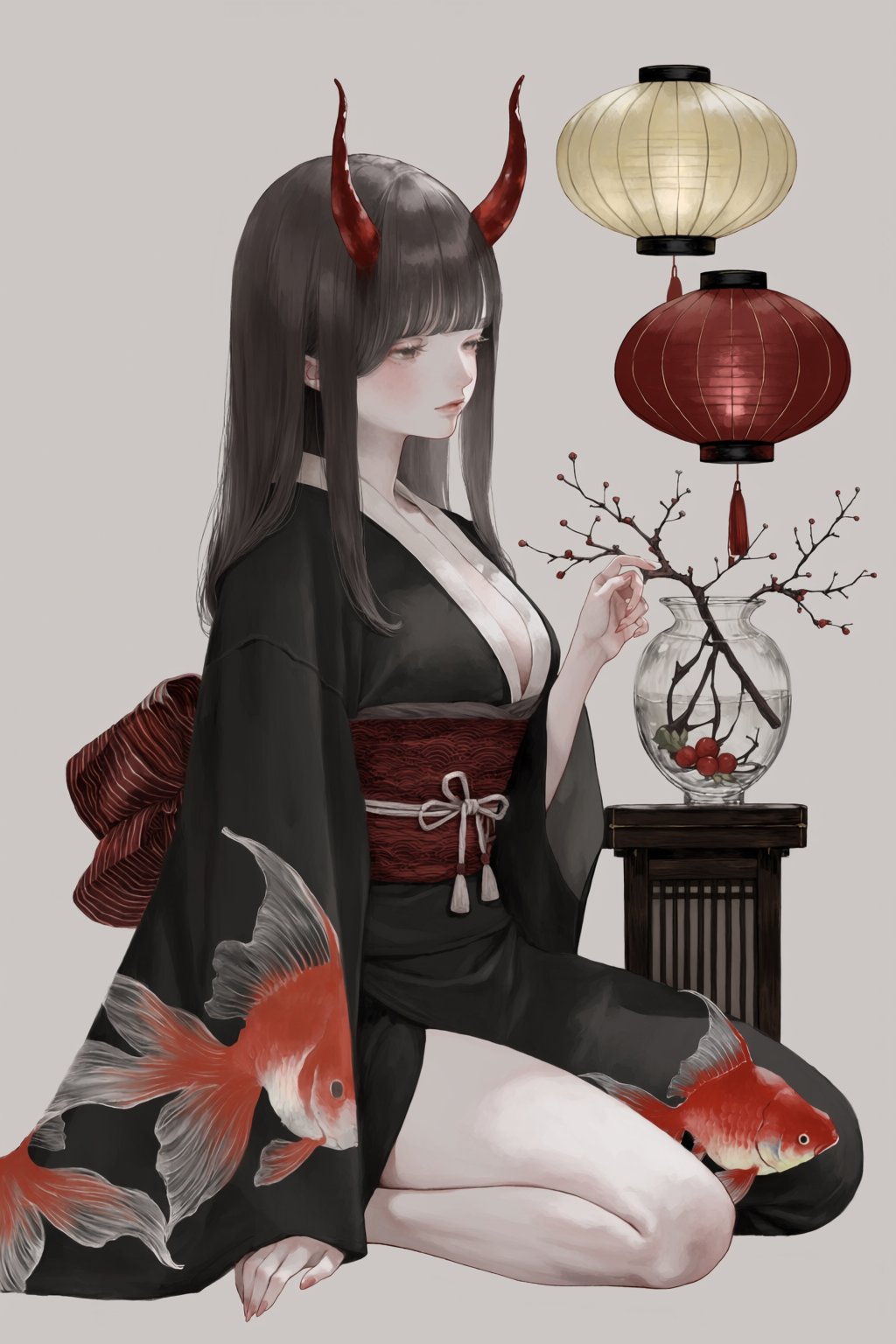 An anime-style digital illustration depicts a young woman with fair skin,  straight dark hair,  and two prominent red horn...