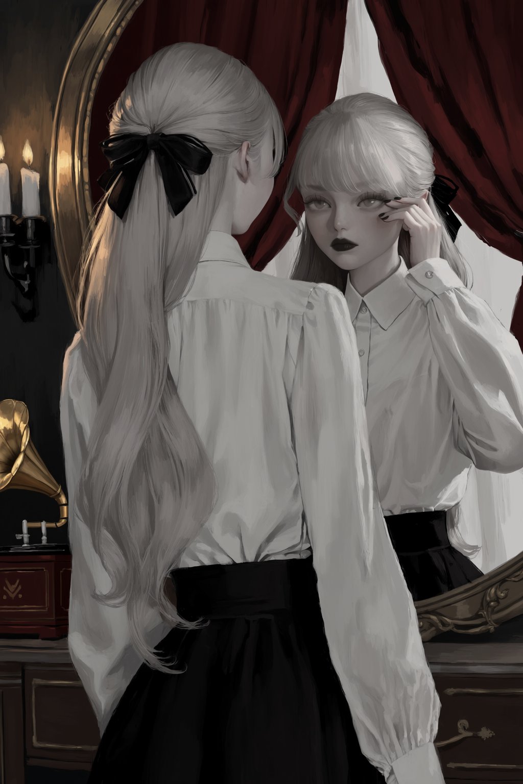In this digital illustration,  a woman with long,  pale hair tied with a black bow stands with her back to the viewer by A...
