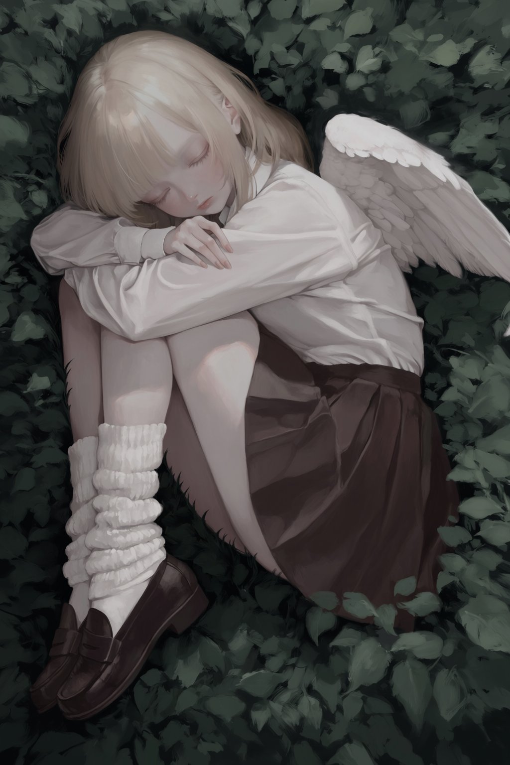 An anime-style digital painting features a pale,  blonde-haired girl with small white wings resting in a dense,  dark gree...