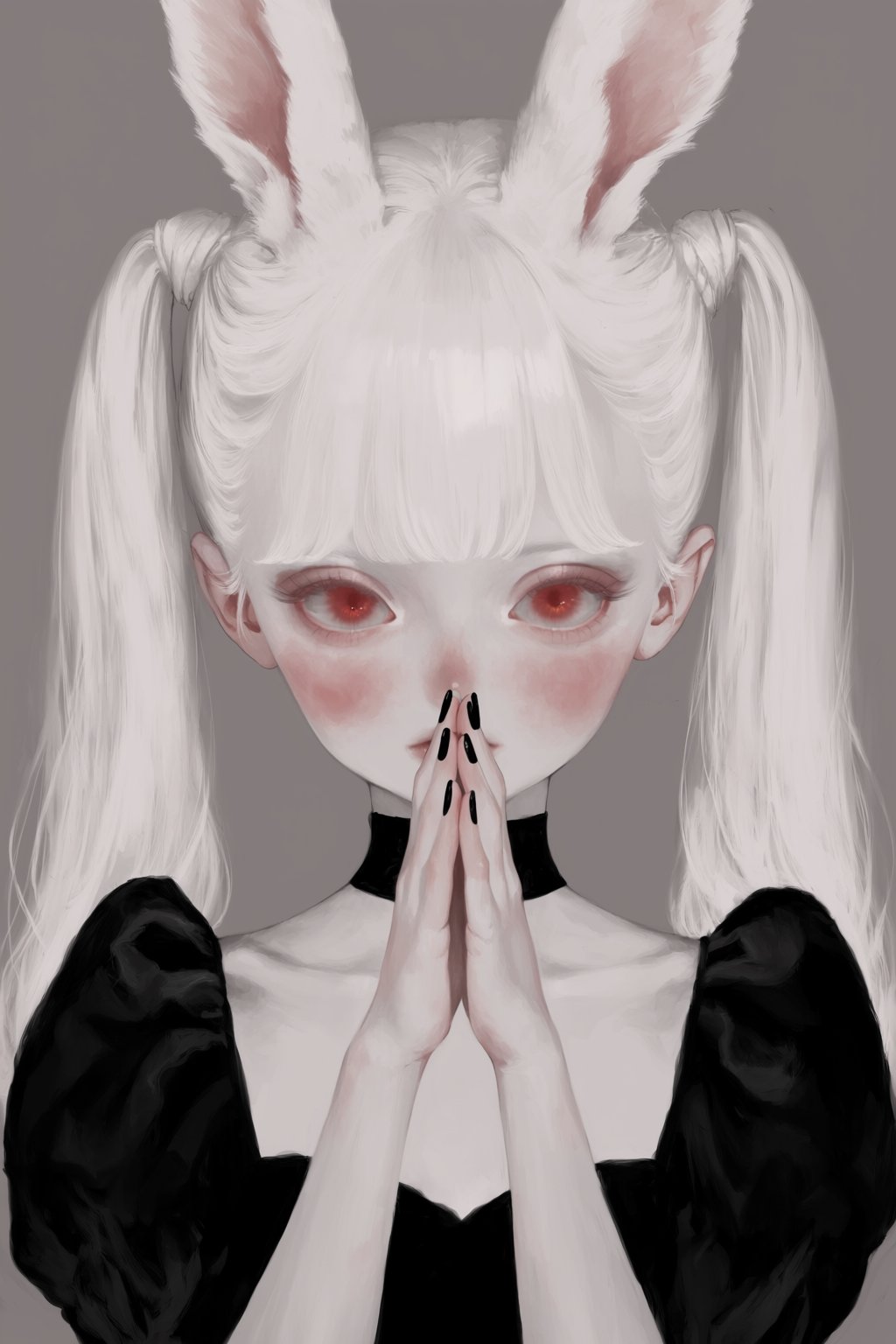A stylized digital painting depicts a pale-skinned girl with white hair styled in two long,  high pigtails and prominent r...