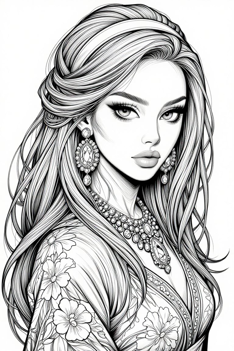 The image depicts a highly detailed,  monochromatic illustration of a woman. She has long,  flowing hair adorned with a he...