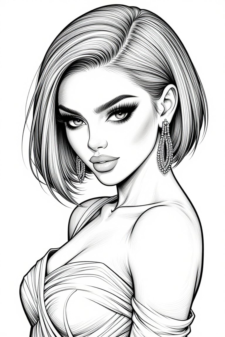 The image depicts a highly detailed,  black-and-white illustration of a woman with short,  straight hair. She is wearing a...