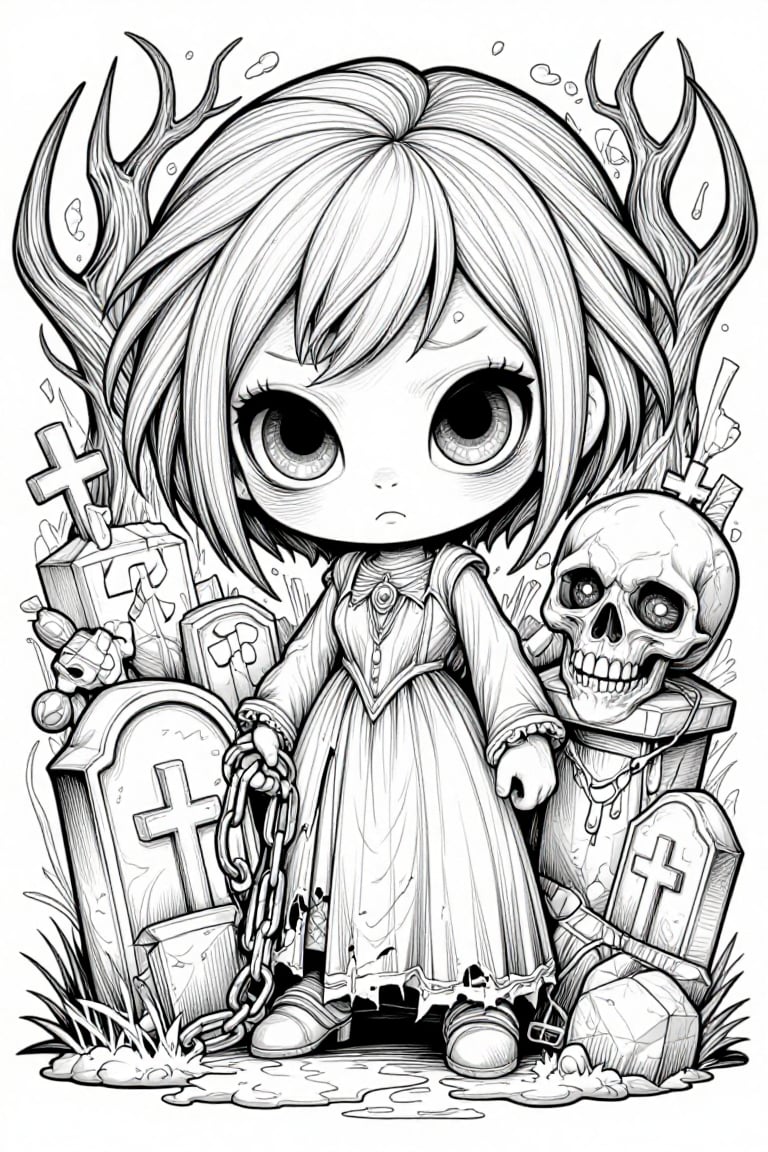 The image depicts a chibi-style character standing in a graveyard setting. The character has a large,  expressive face wit...