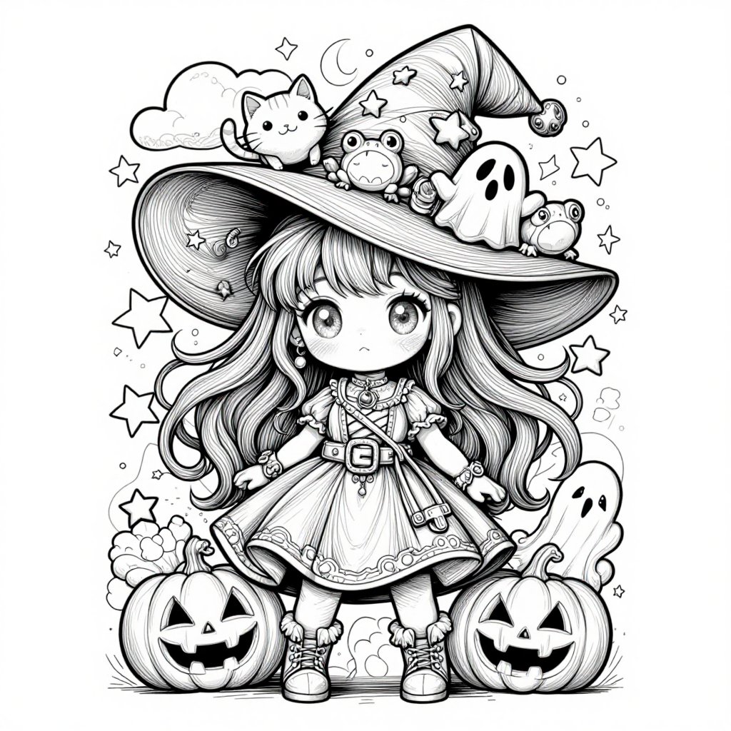 The image depicts a whimsical,  cartoon-style illustration of a young girl dressed as a witch. She is wearing a large,  wi...