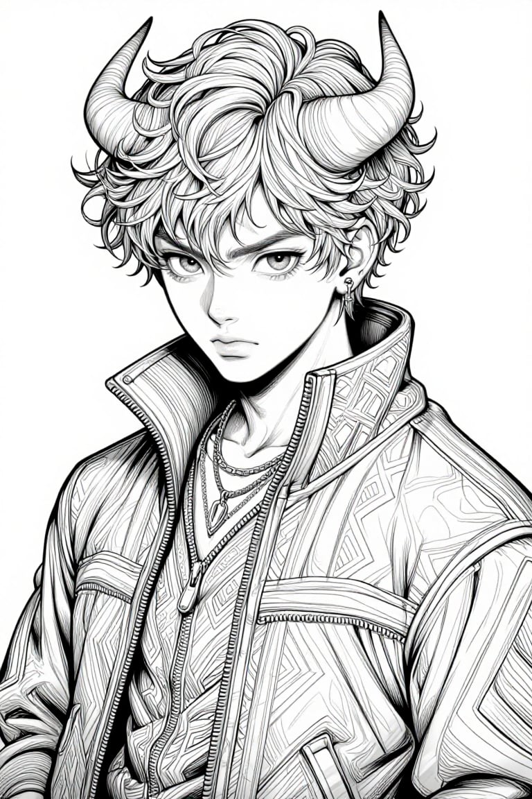 The image depicts a detailed black-and-white illustration of a young individual with short,  curly hair and prominent horn...