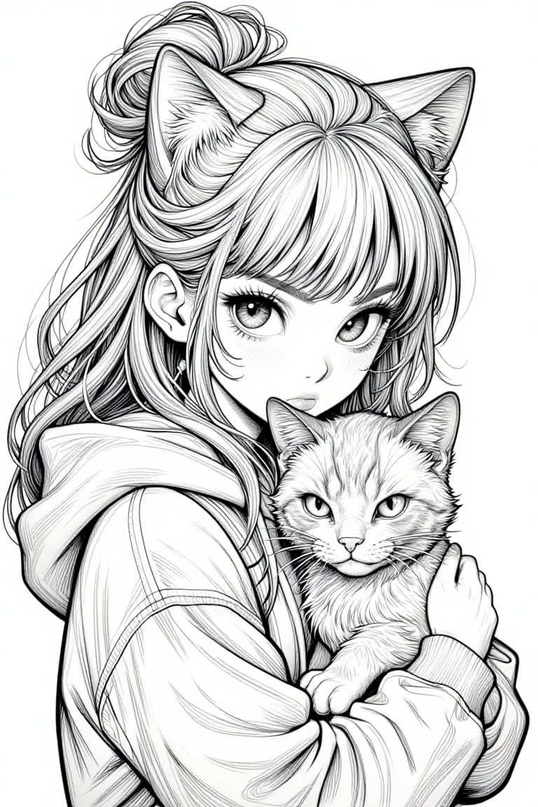 The image depicts a young girl with long,  wavy hair tied up in a messy bun,  adorned with cat ears. She is wearing a hood...